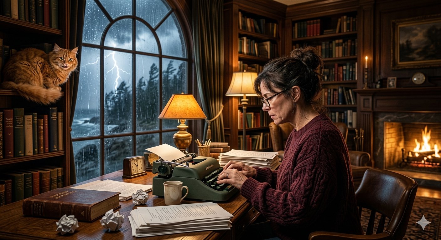 Writer at typewriter in a cosy study